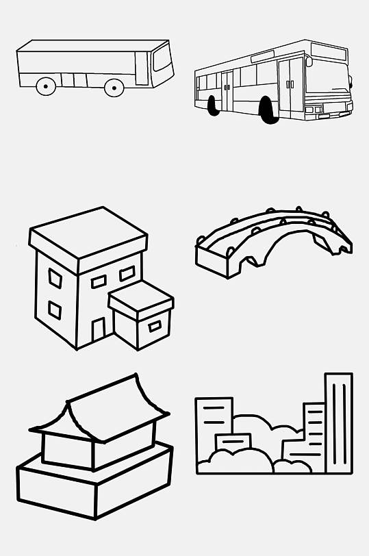 公交车拱桥黑白建筑交通简笔画免抠素材