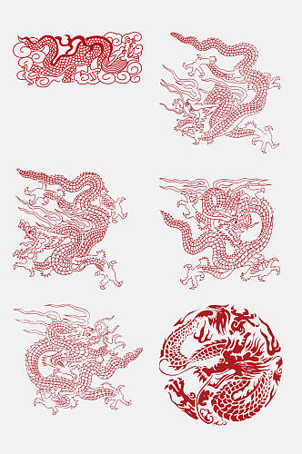 中国风红色龙剪纸风图案免抠素材