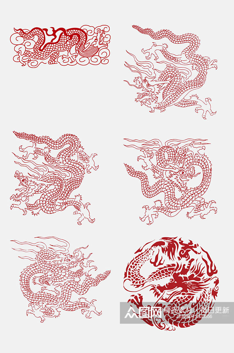 中国风红色龙剪纸风图案免抠素材素材