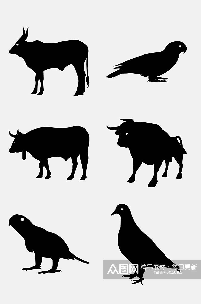 小鸟牛羊黑色手绘动物剪影免抠素材素材