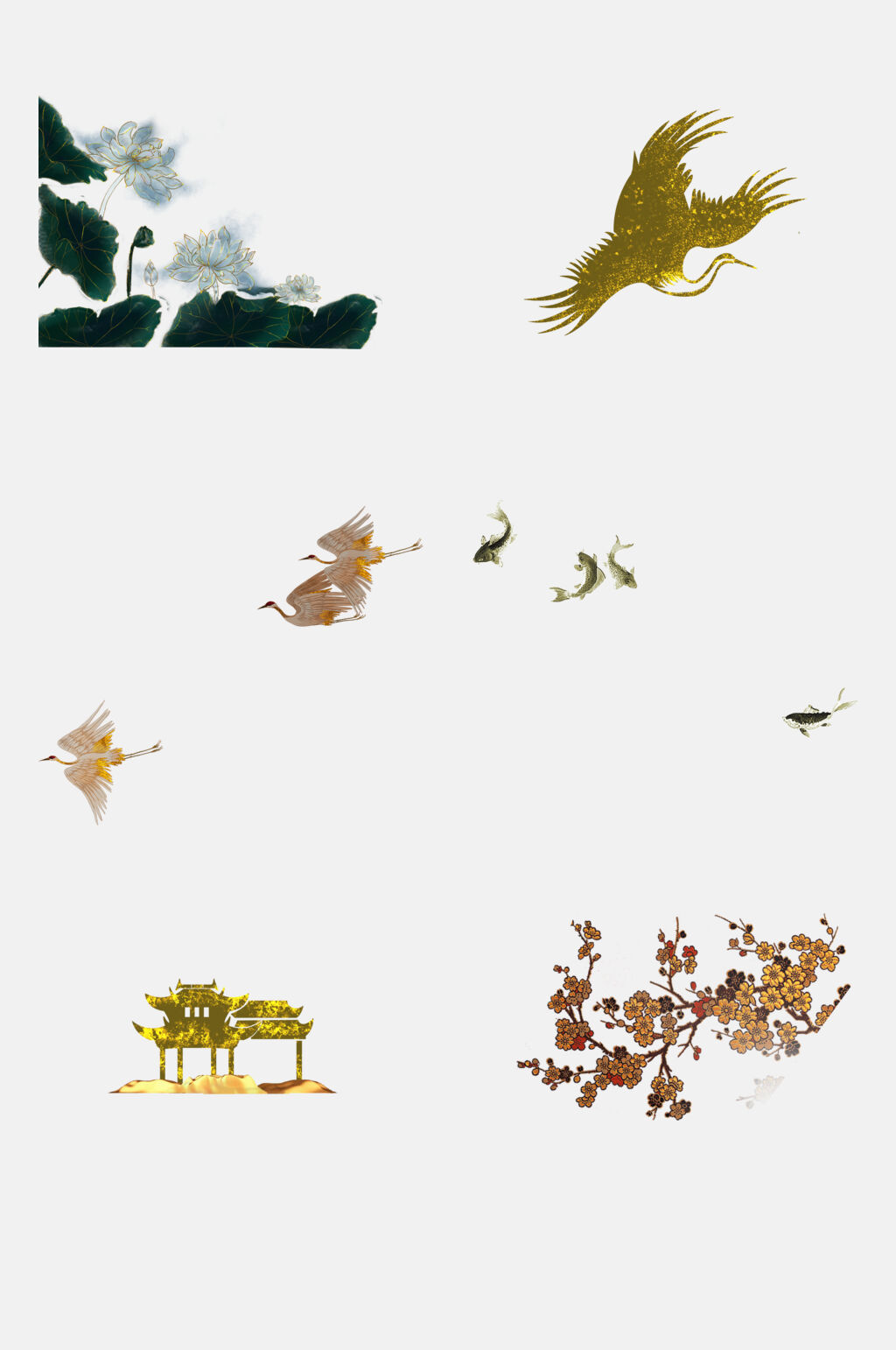 唯美金色描边祥云仙鹤免抠素材素材