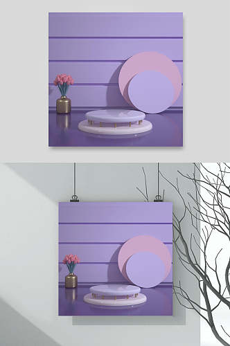 展台紫色植物花朵立体几何海报背景