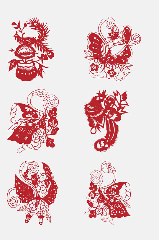 民间艺术蝴蝶昆虫剪纸窗花免抠素材