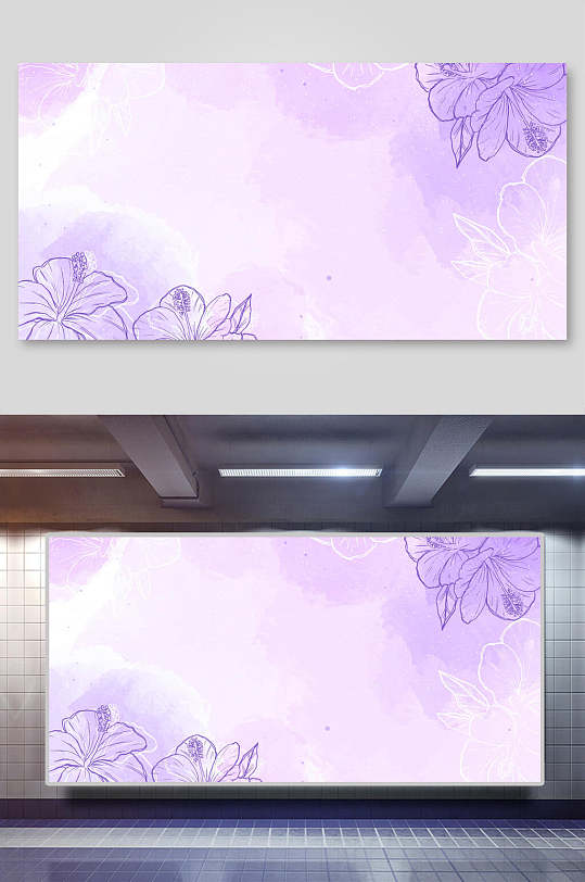 紫色花朵线条清新水彩水墨矢量背景