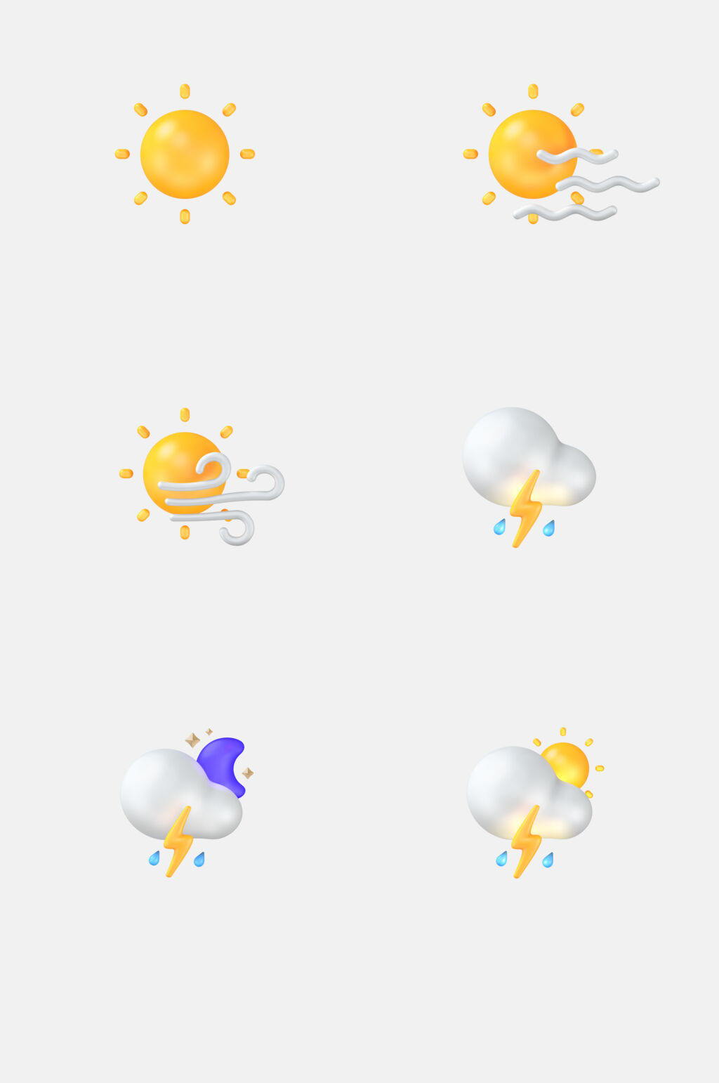 太阳闪电黄白立体天气图标免抠元素素材