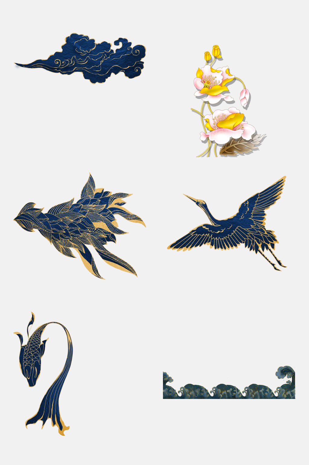 简约时尚金色描边祥云仙鹤免抠素材素材