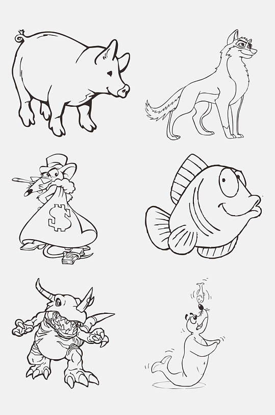 黑白动物小猪老鼠简笔画免抠素材