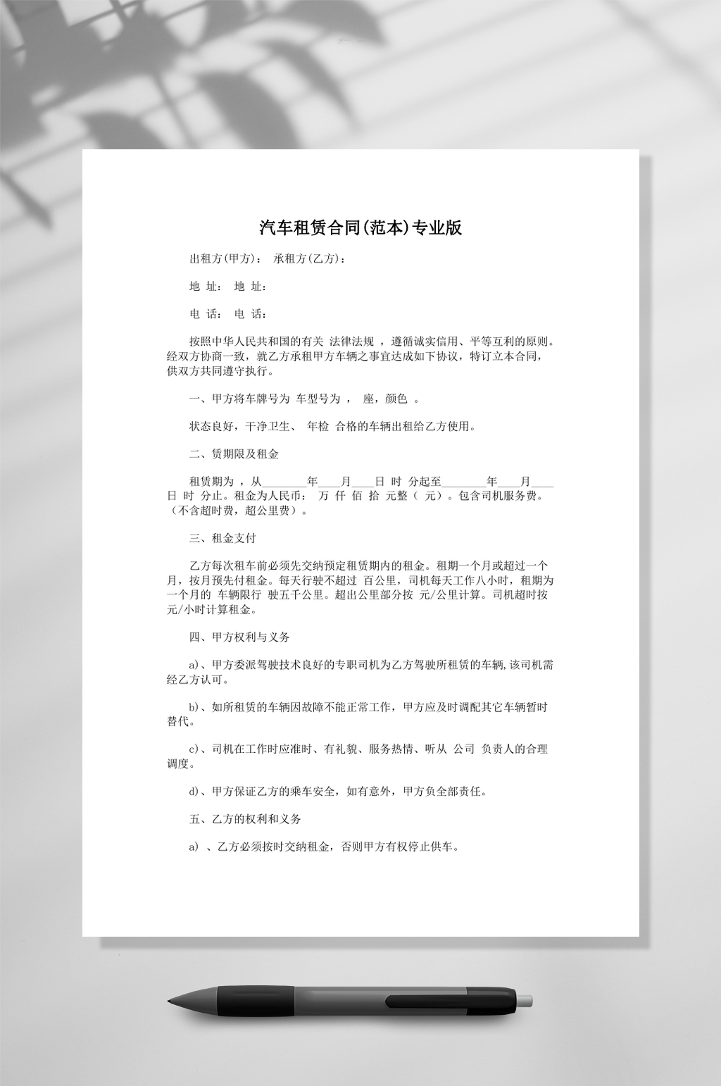 汽车租赁合同范本专业版常用表格素材