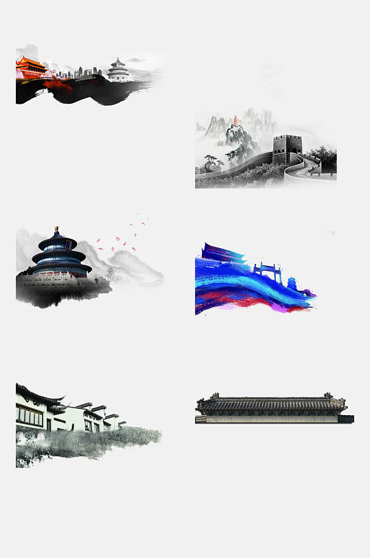 蓝色水墨古建筑免抠素材