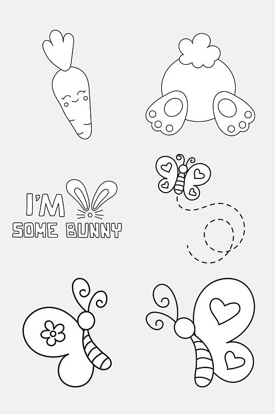 卡通蝴蝶简笔画线稿免抠素材