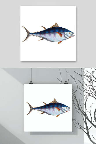 蓝色手绘简约清新复古鱼类矢量素材