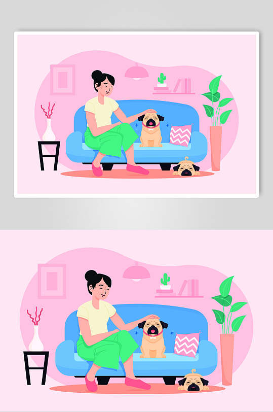 沙发植物粉色手绘宠物狗矢量素材