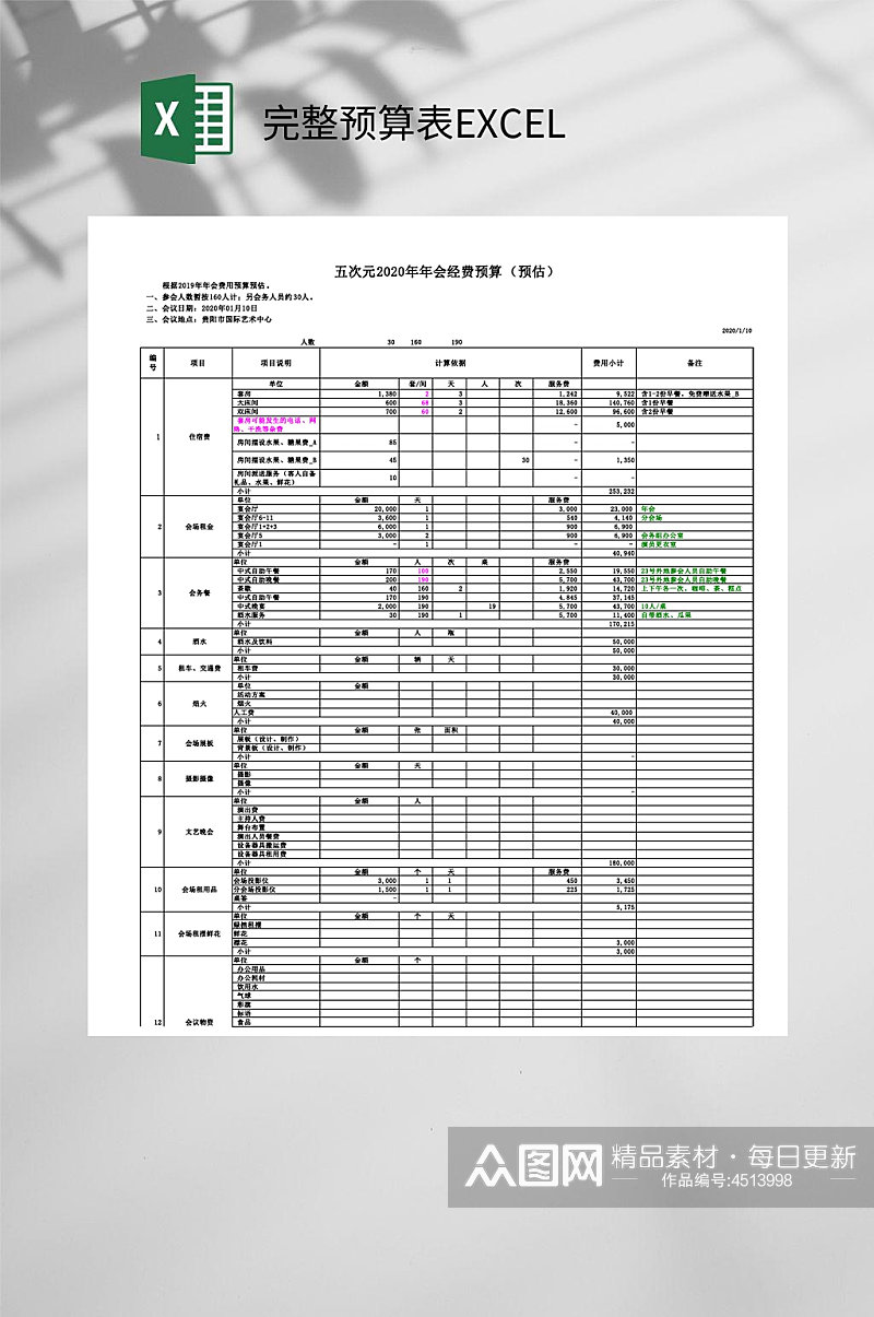 五次元完整预算表EXCEL素材