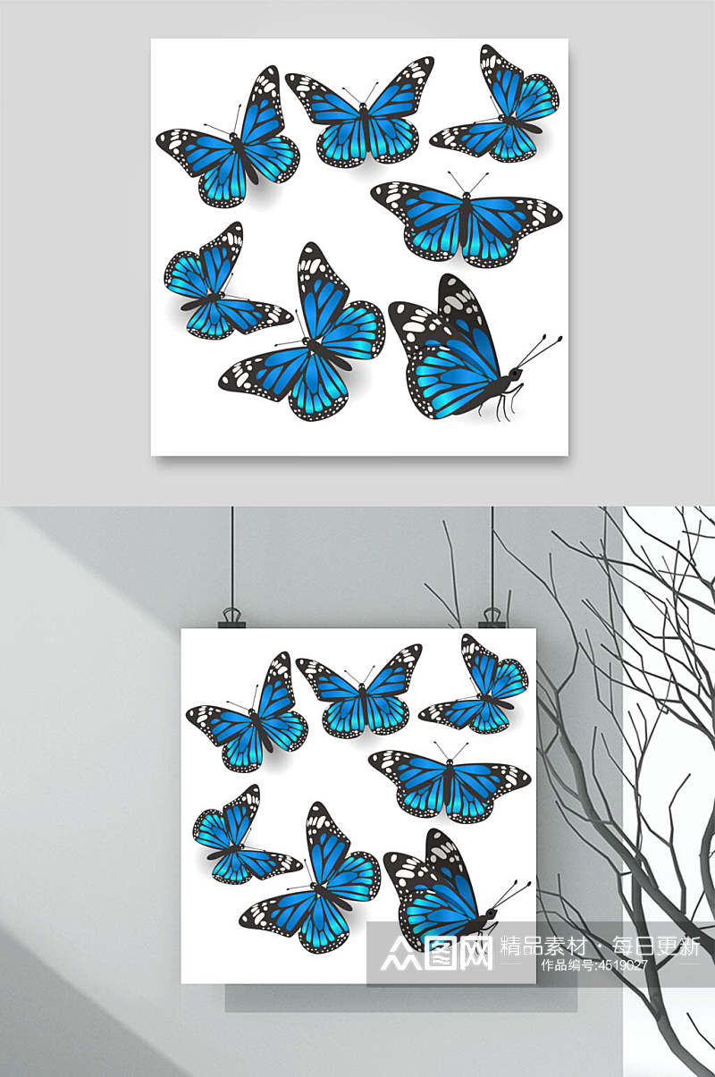 黑蓝手绘唯美清新美丽蝴蝶矢量素材素材