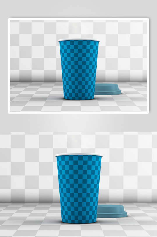 方格线条圆柱形蓝色咖啡杯样机