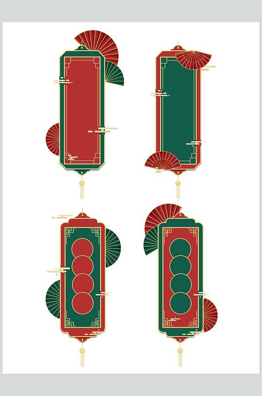 扇子红绿简约风国潮风装饰边框素材