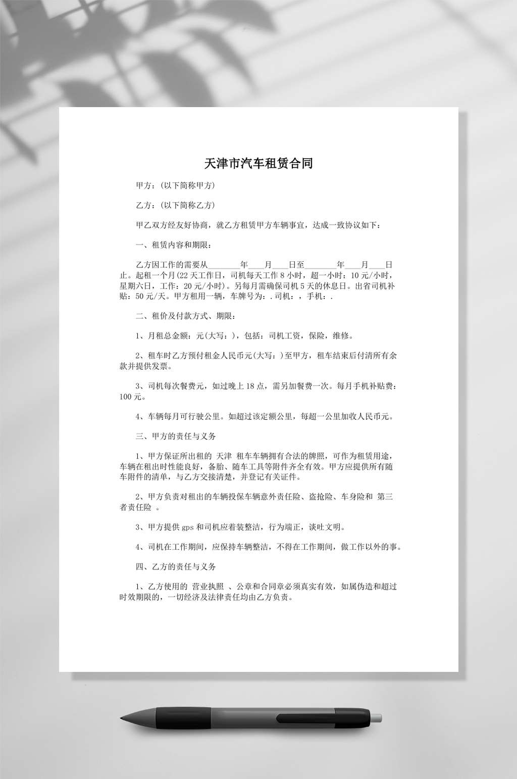 天津市汽车租赁合同样本word素材