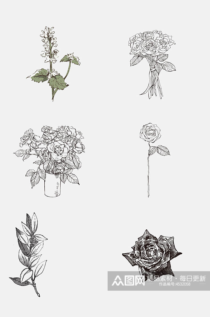 玫瑰花黑灰色线稿植物免抠素材素材