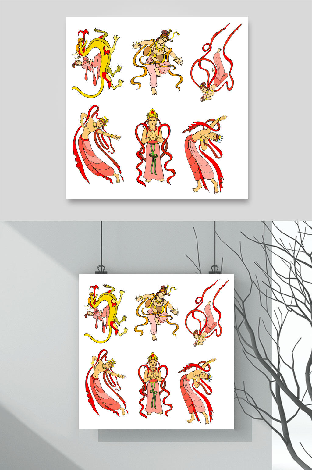 手绘敦煌飞天仕女插画矢量素材素材