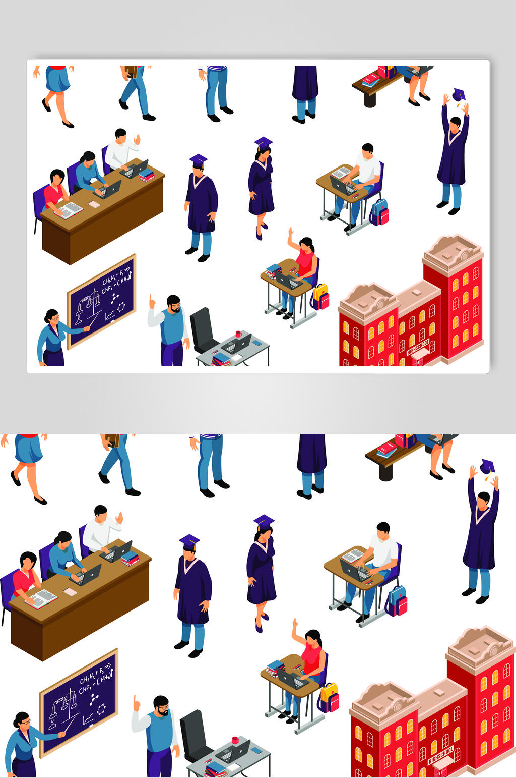 立体房子简约蓝红老师学校矢量素材素材