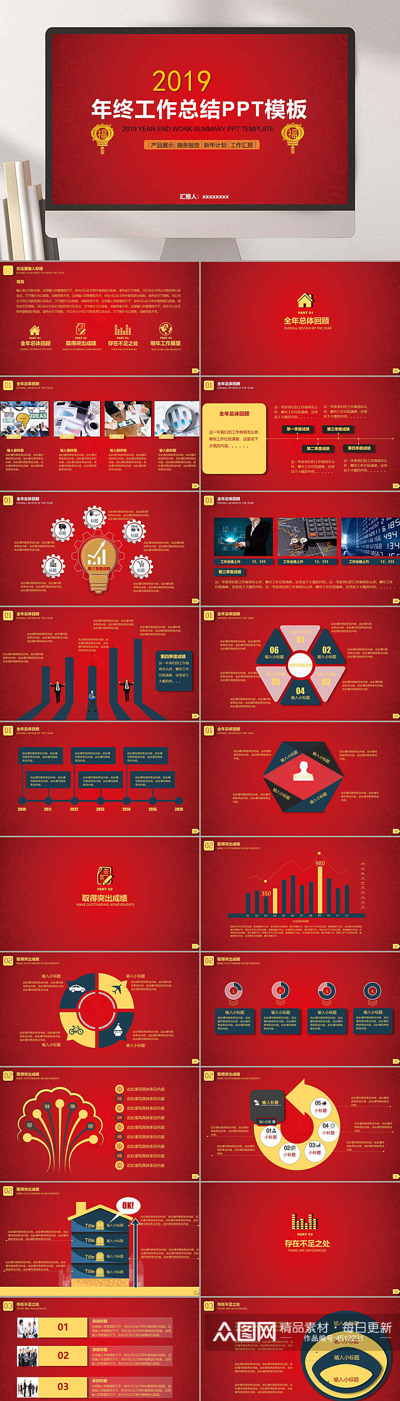简洁红色年终工作汇报PPT素材