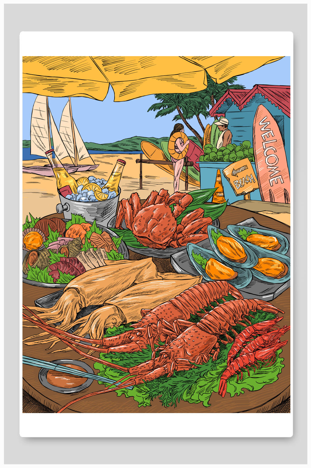 海鲜小船简约手绘唯美清新火锅插画素材