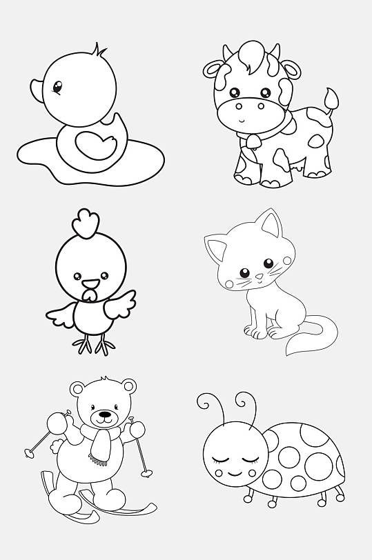 滑雪狗熊小公鸡卡通简笔画动物免抠素材