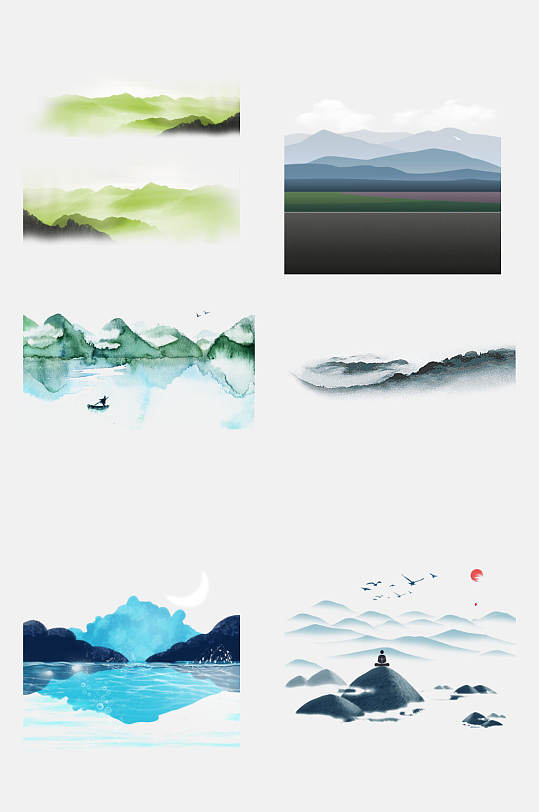 贺卡明信片彩色水墨山水免抠素材