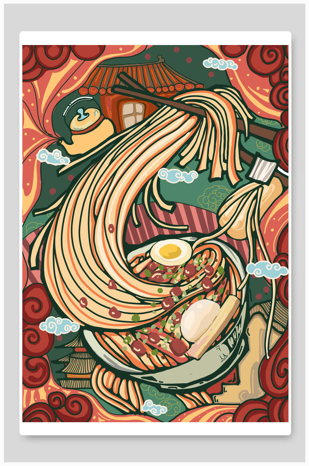 棉桃祥云简约手绘国潮火锅插画素材
