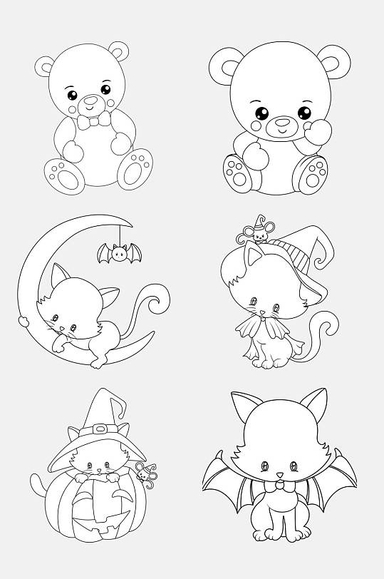 蝙蝠狐狸小熊卡通简笔画动物免抠素材