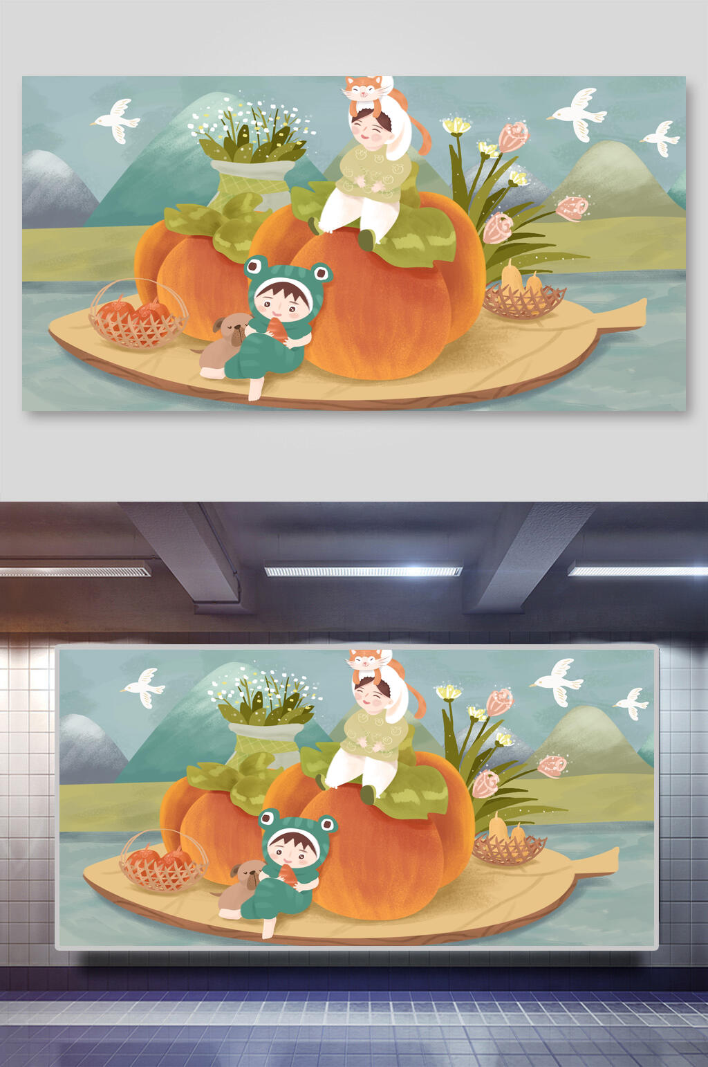花朵小鸟水果绿黄清新手绘霜降插画素材