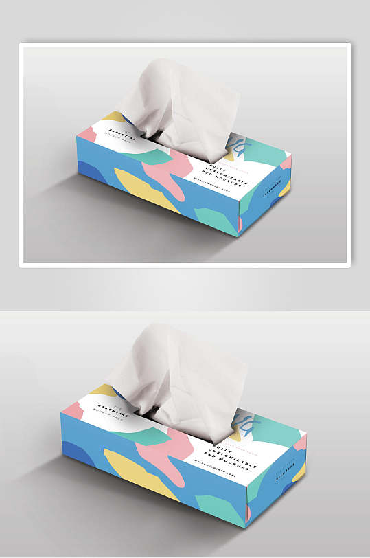 青色淡黄色多彩图案抽纸盒样机