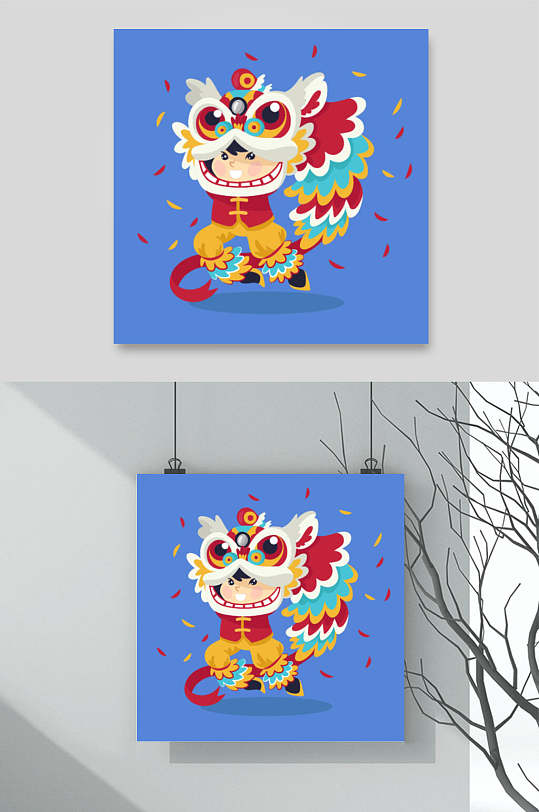 卡通蓝色新年舞狮矢量素材