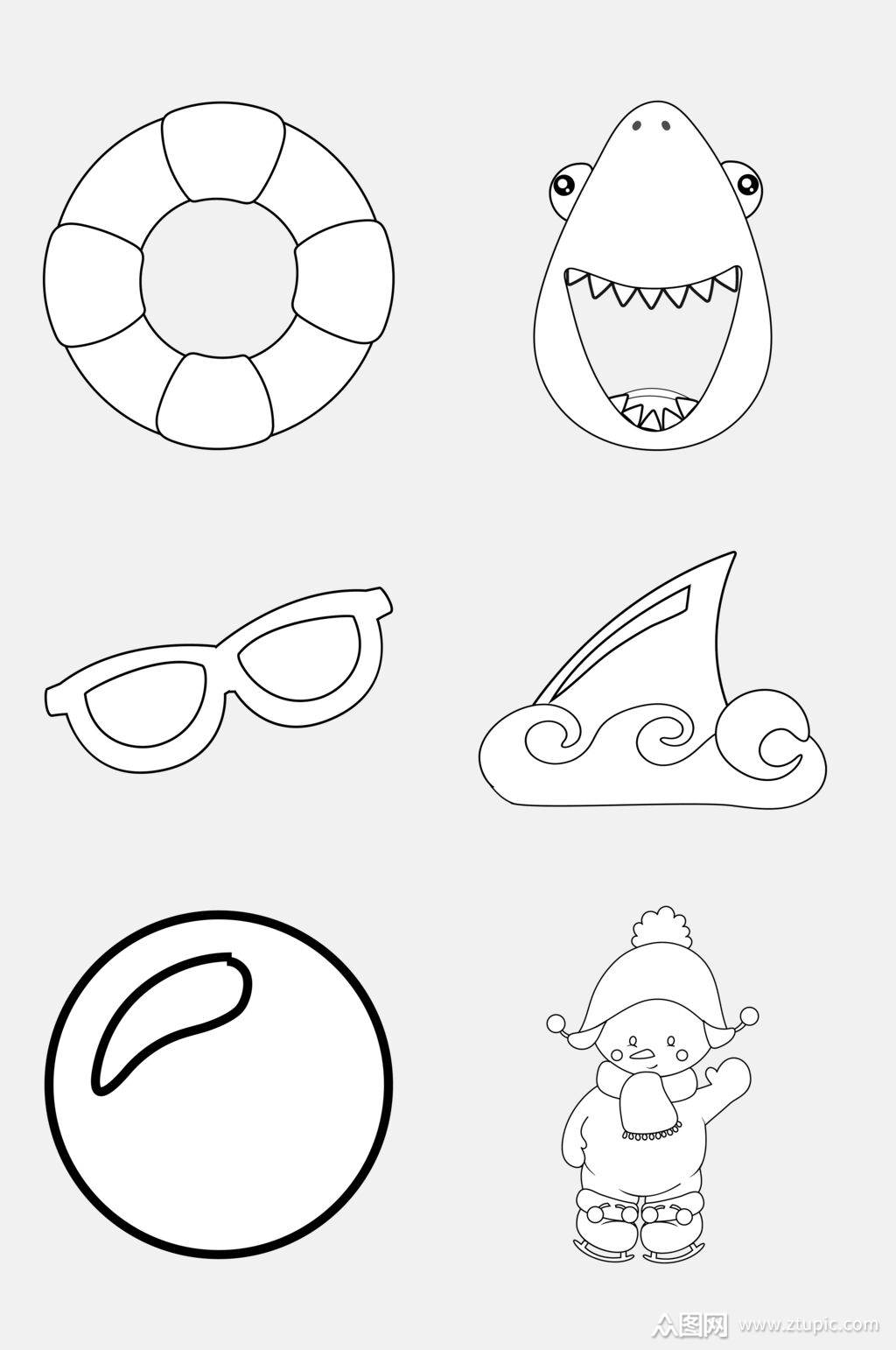 眼镜游泳圈黑白简笔画免抠素材素材