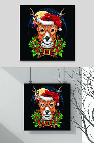 创意麋鹿圣诞帽时尚圣诞插画矢量素材