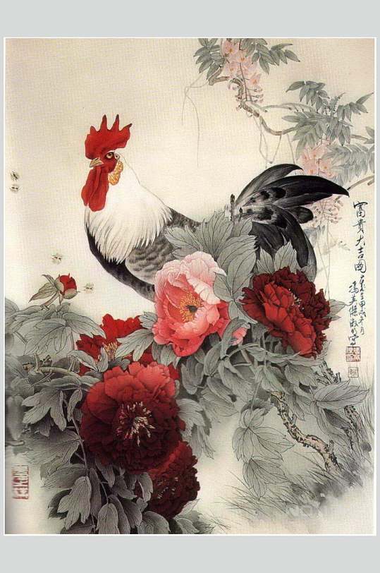 公鸡精美工笔国画壁纸图片