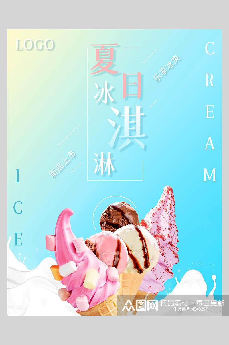 蓝色夏日冰淇淋甜品海报素材