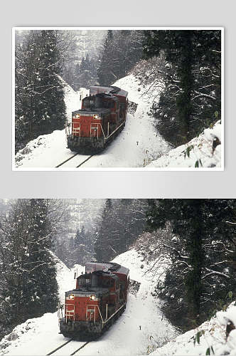 火车铁轨白雪树木自然风光摄影图