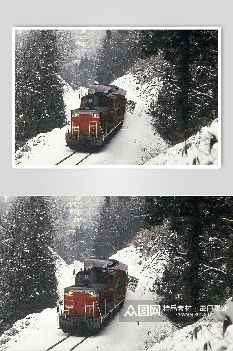 火车铁轨白雪树木自然风光摄影图素材