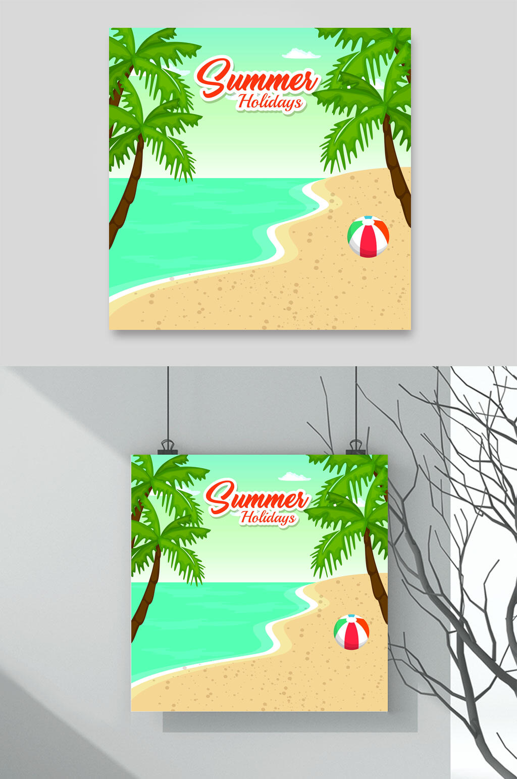椰树夏日海滩矢量插画素材