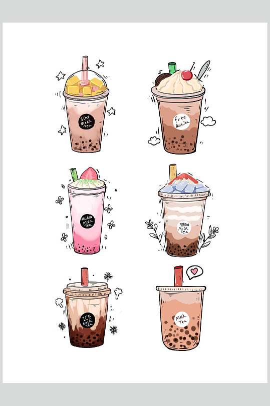 甜品奶茶店宣传单手绘手账奶茶素材
