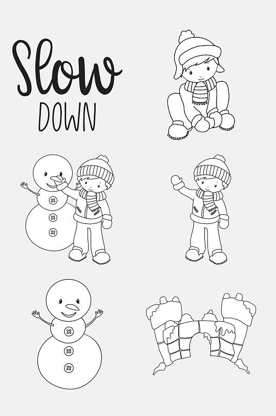 雪人黑白简笔画免抠素材