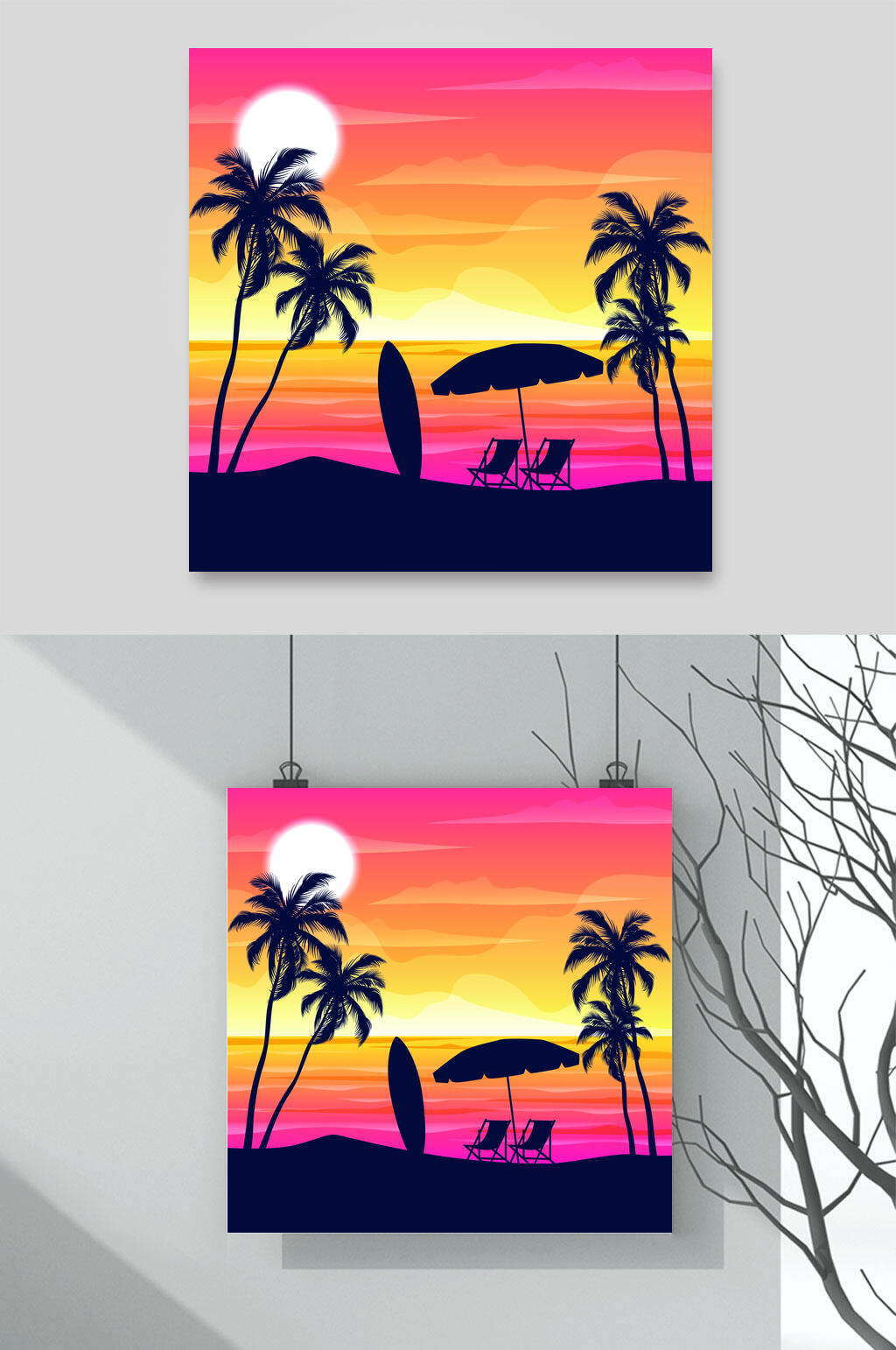 枚红色矢量夏日风景插画背景素材