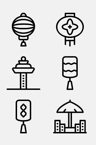 灯笼雨伞线性新加坡文化图标免抠素材