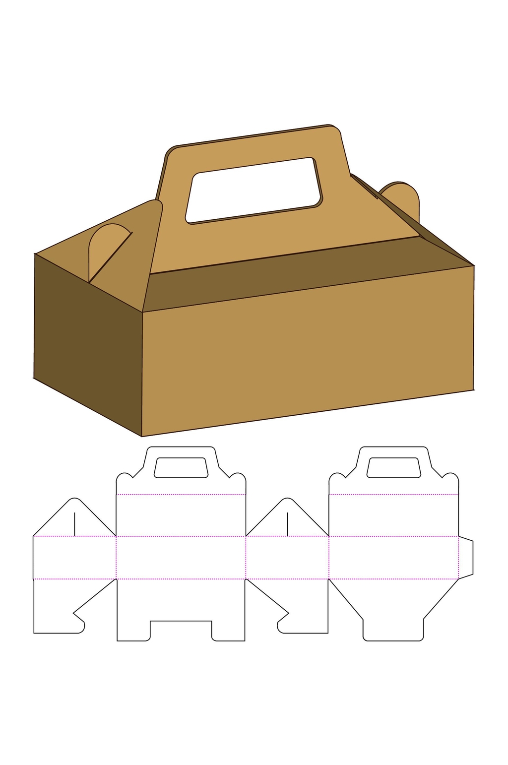 蛋糕店详细分解手提式甜品纸箱刀模包装盒展开图