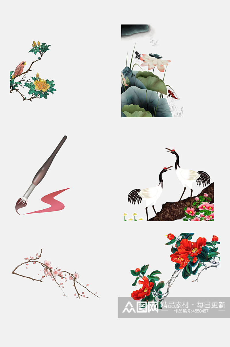 仙鹤大气花卉植物工笔画免抠素材素材