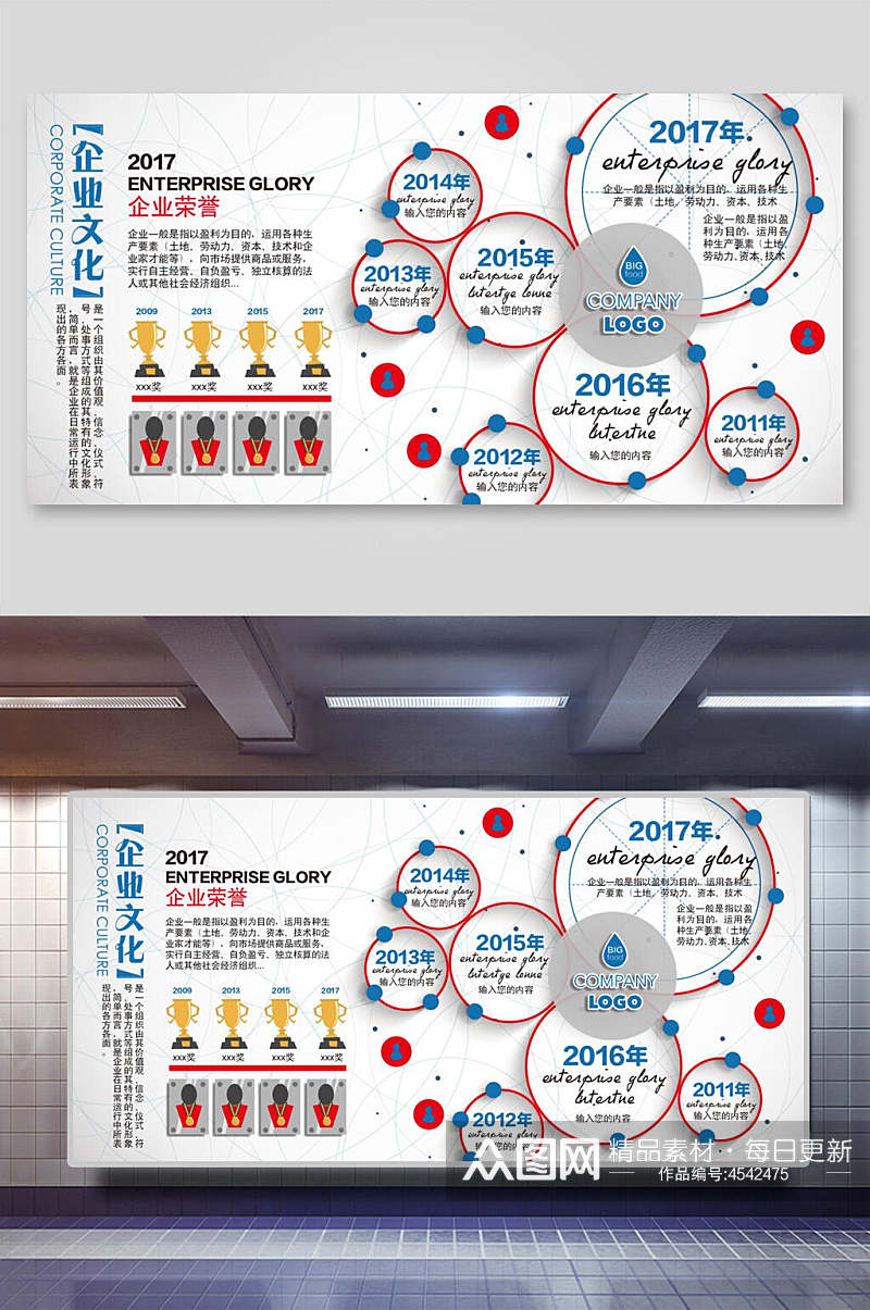 红白蓝撞色简约企业发展历程展板素材