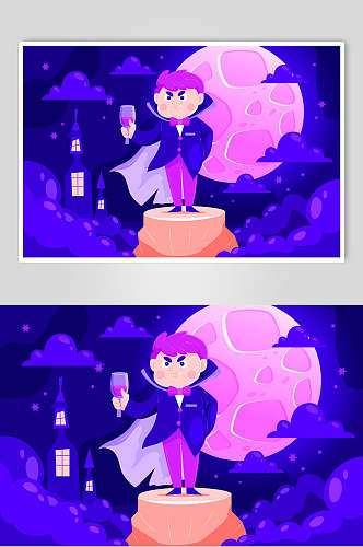 紫色月亮矢量万圣节插画素材