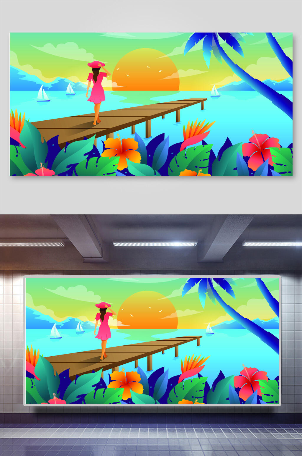卡通矢量夏日风景插画背景素材