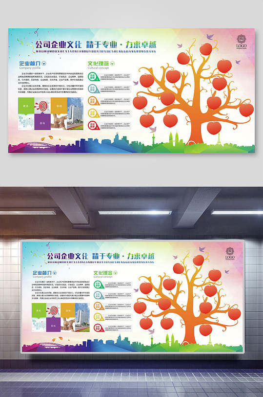 卡通苹果树公司企业文化企业发展历程展板